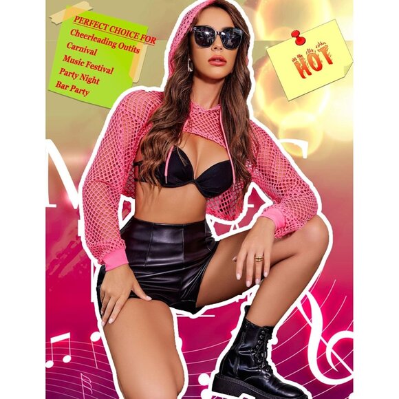 🆕Women’s Pink Polyester Mesh Hoodie Crop Top Long Sleeve Fishnet Shirt - Picture 4 of 6